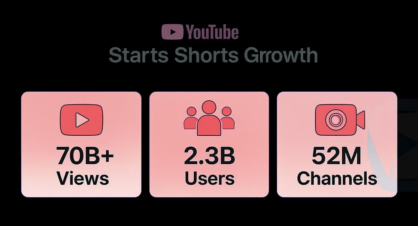 Infographic displaying YouTube Shorts statistics: 70B+ daily views, 2.3 billion users, and 52 million creator channels.