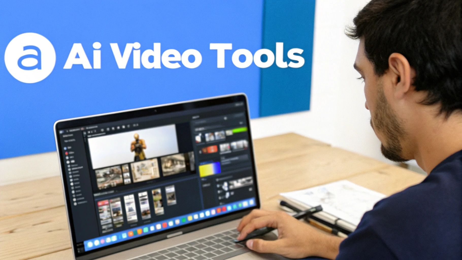 A man uses a laptop with AI video editing software open, with "Ai Video Tools" on a blue wall.