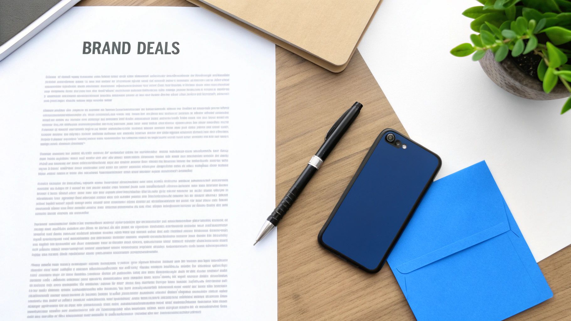 A top-down view of a document titled 'BRAND DEALS' next to a pen, phone, and envelope on a desk.