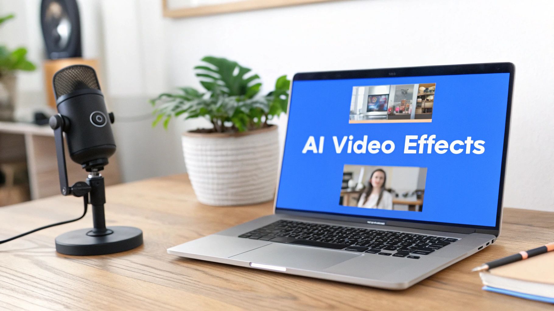 A laptop on a wooden desk displays 'AI Video Effects' alongside a microphone and a potted plant.