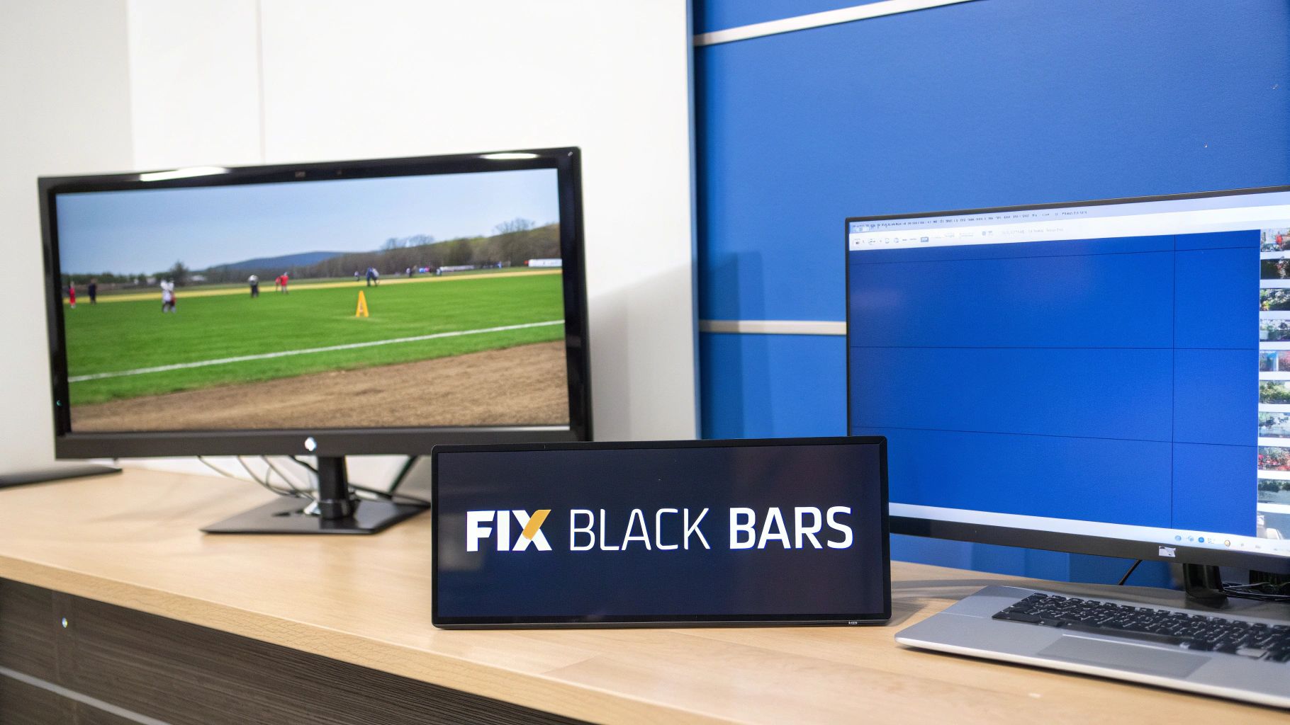 Three computer monitors on a wooden desk, one displaying a baseball game, another showing 'FIX BLACK BARS'.