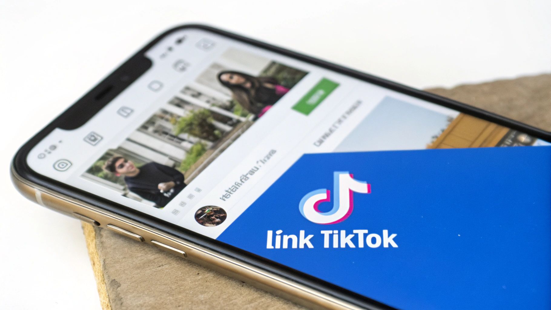 Smartphone displaying an Instagram-like app feed and a prominent blue 'link TikTok' button.