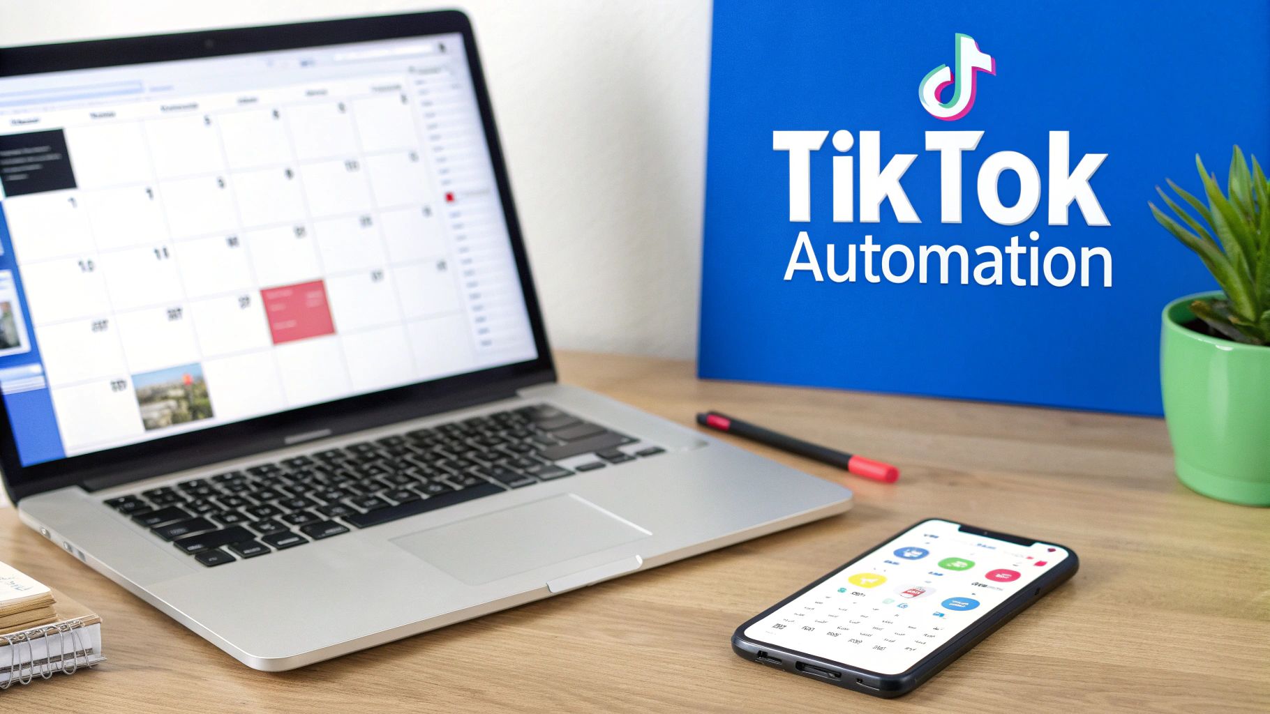 Laptop with calendar, smartphone, and TikTok automation blue sign on modern wooden desk workspace