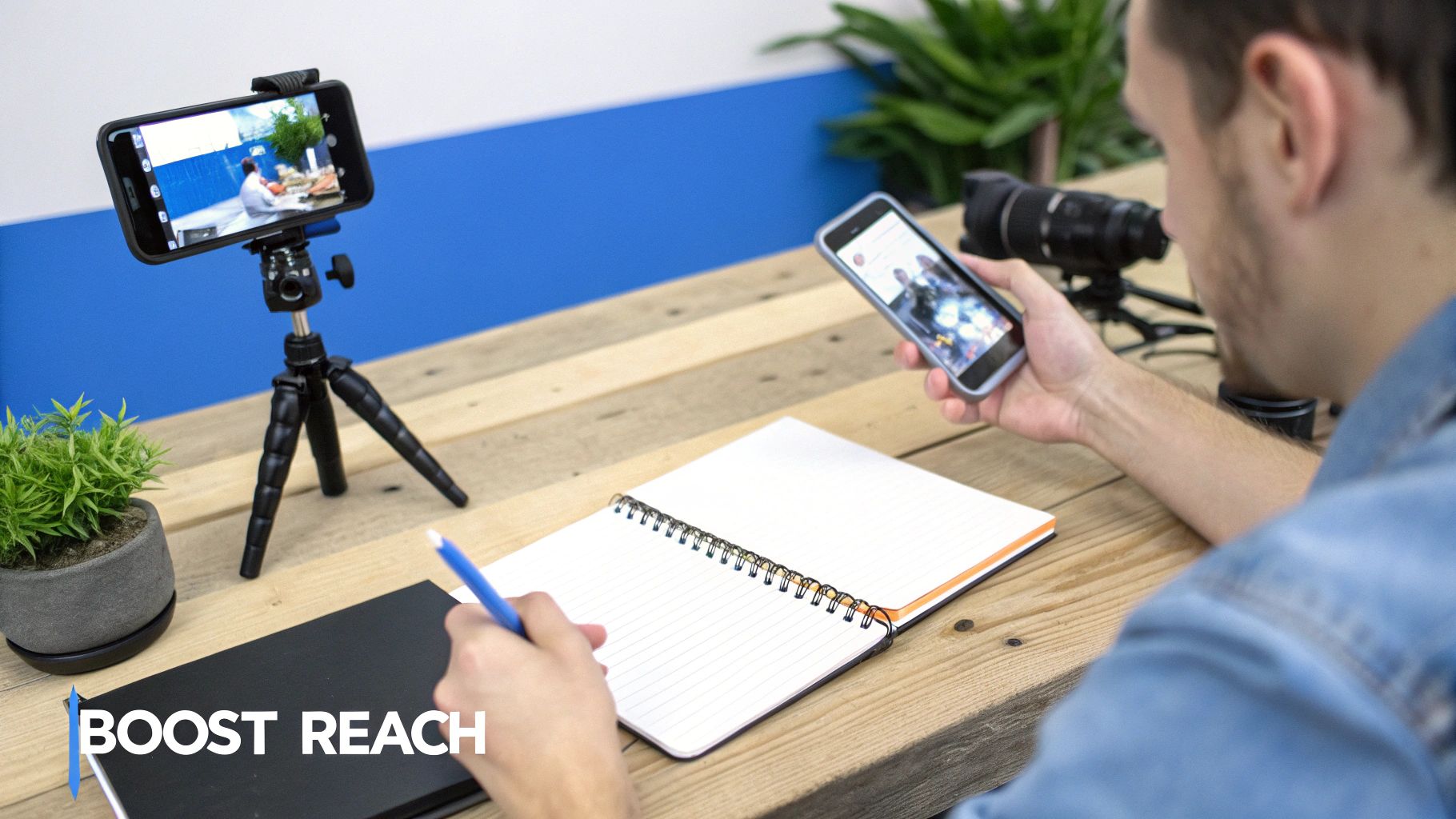 A content creator planning their TikTok strategy on a digital tablet, with charts and icons representing engagement metrics.