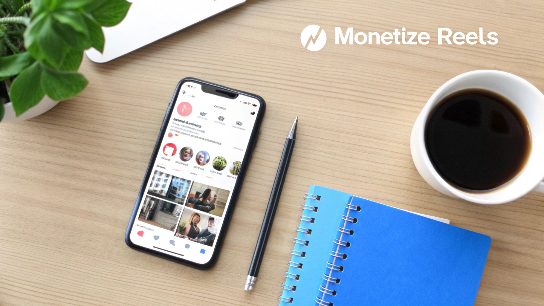 Flat lay of a desk with a smartphone displaying social media, laptop, coffee, and notebooks, illustrating monetizing reels.