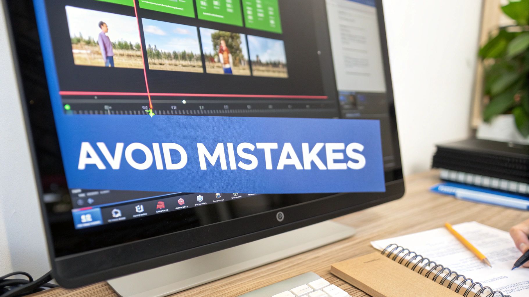 A monitor shows video editing software with 'AVOID MISTAKES' text, as a person writes notes.