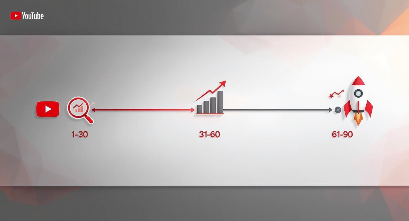 YouTube channel growth timeline showing three stages from analytics to monetization and success