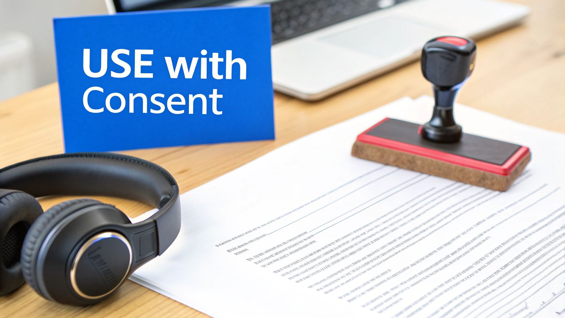 A desk with a blue 'USE with Consent' sign, headphones, a legal document, and a stamp, emphasizing data privacy.