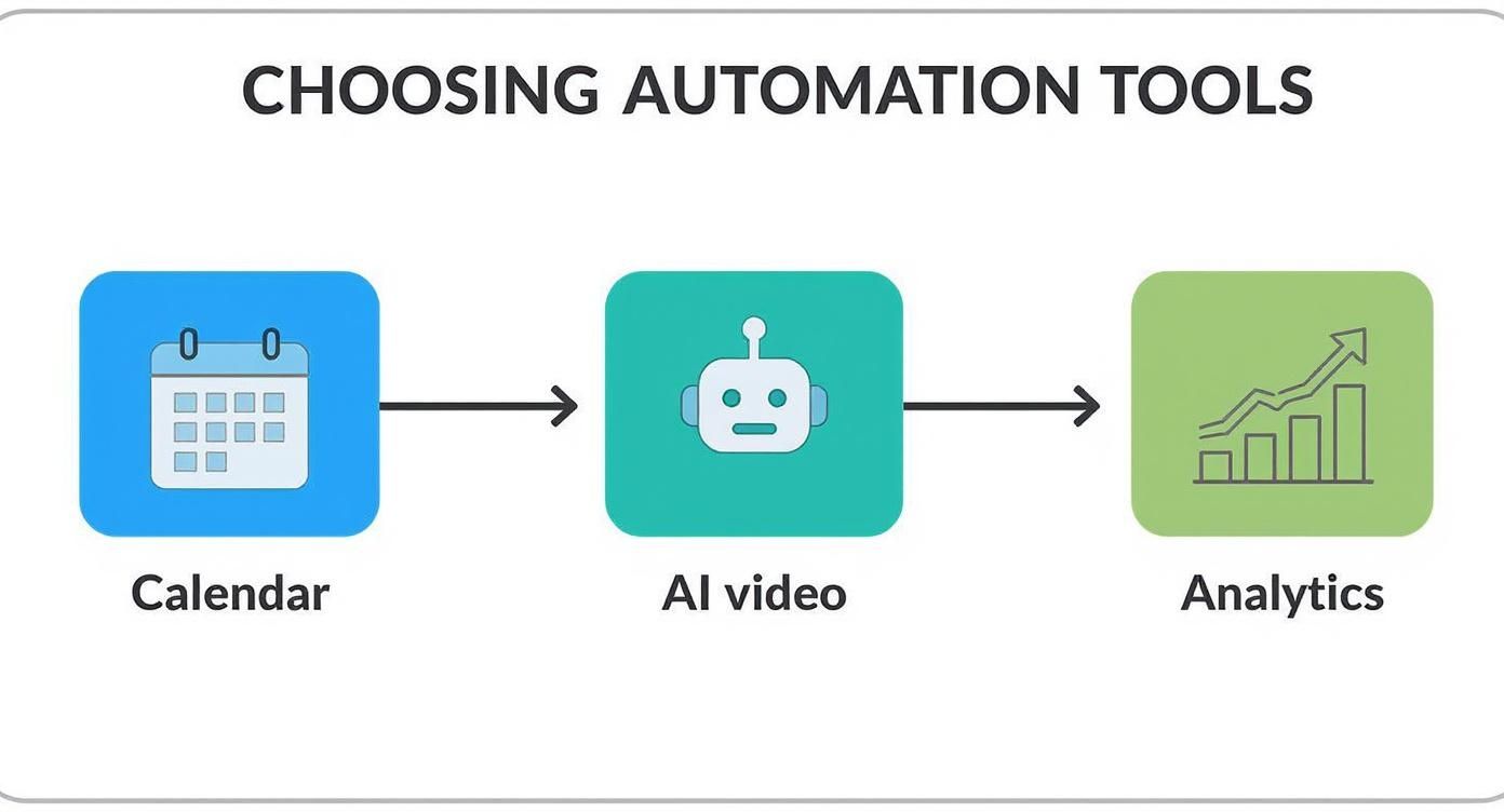 Three automation tools workflow diagram showing calendar, AI video robot, and analytics growth chart icons
