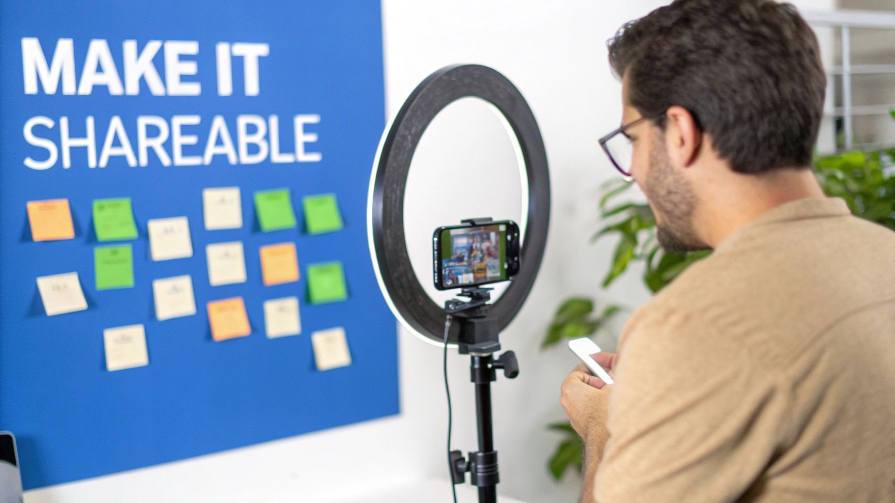 A man creating video content with a smartphone on a ring light, next to a 'MAKE IT SHAREABLE' board.