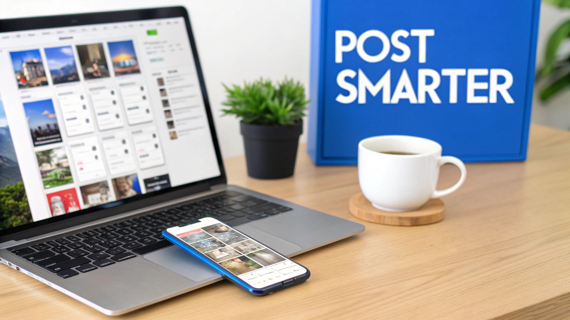Digital workspace with a laptop, smartphone, coffee, and a 'POST SMARTER' sign for social media management.