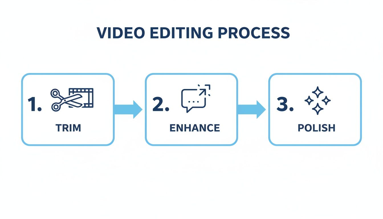 A three-step video editing process showing trim, enhance, and polish stages with icons.