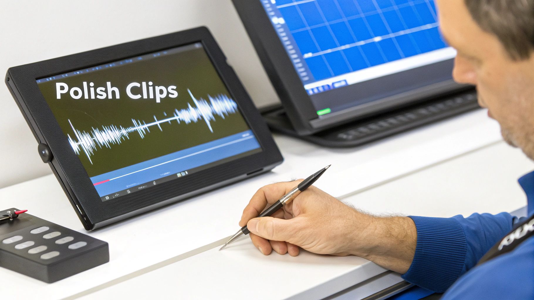 Audio editor polishing video clips on tablet screen showing waveform during post-production editing process