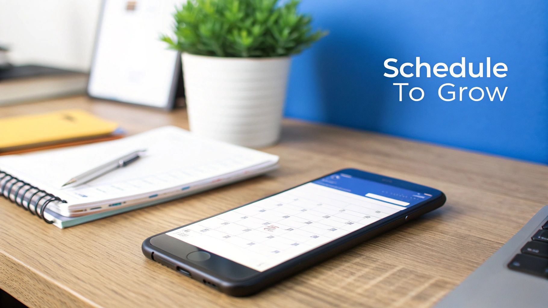 A tidy workspace featuring a smartphone displaying a calendar, a notebook, pen, and a plant, with text 'Schedule To Grow'.