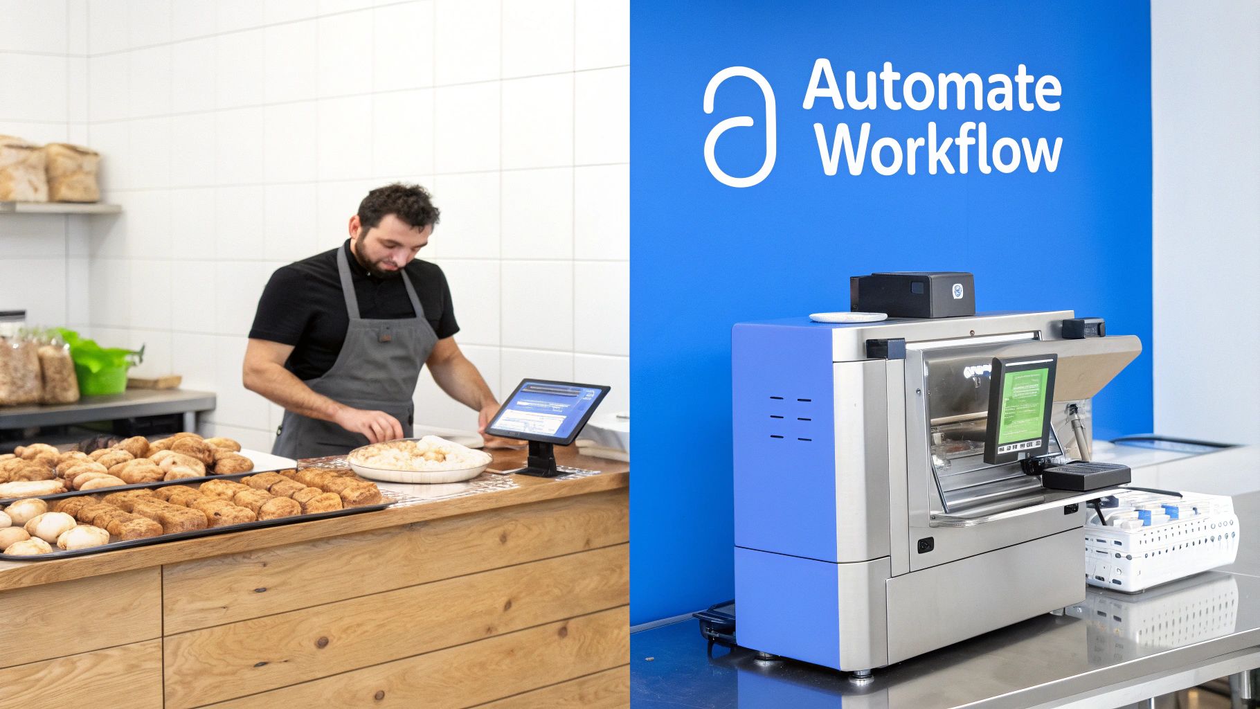 Baker using tablet point of sale system with automated workflow equipment in bakery