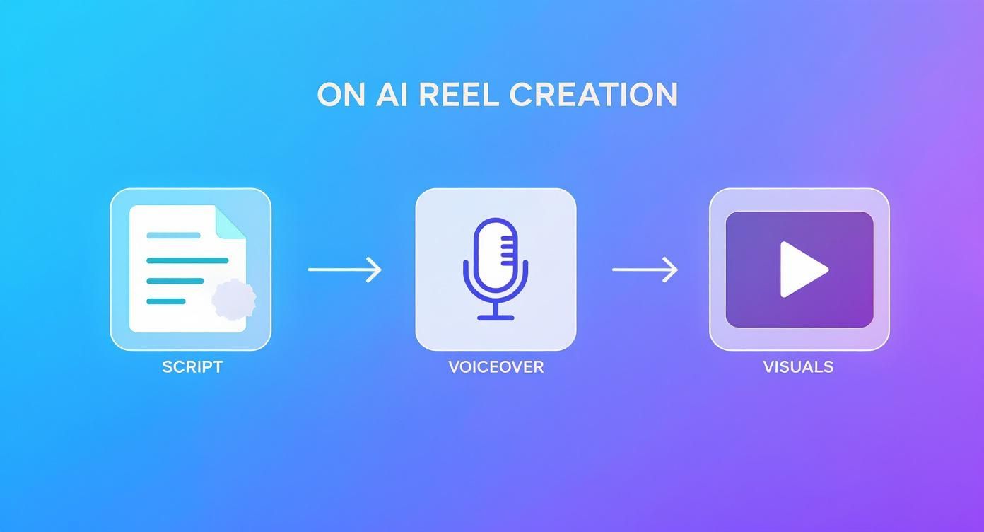 Flowchart illustrating the AI reel creation process: script to voiceover to visuals.