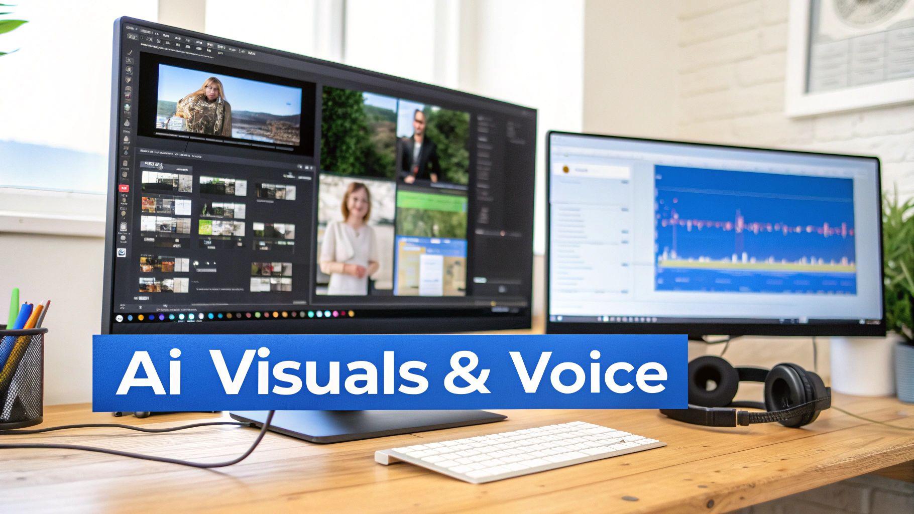 Dual monitor desk setup showing video editing, data analysis, and an 'Ai Visuals & Voice' overlay.