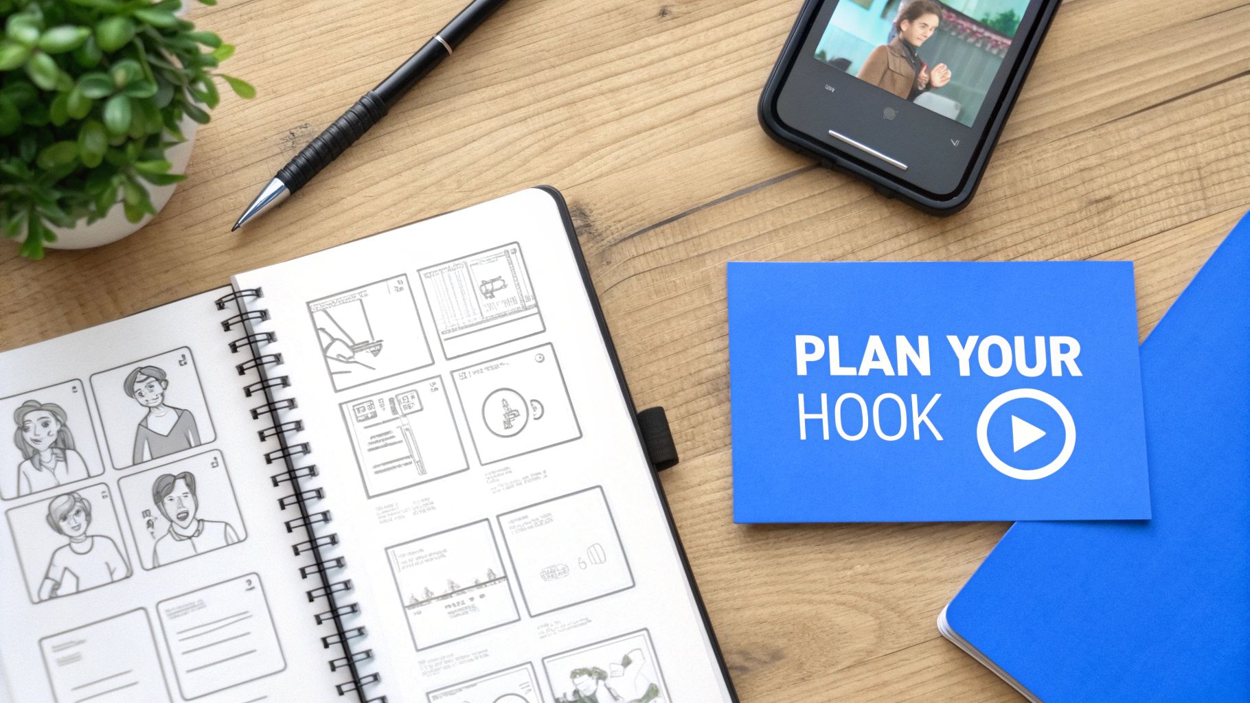 Flat lay of a desk with an open notebook showing storyboards, a smartphone, and a 'PLAN YOUR HOOK' card.