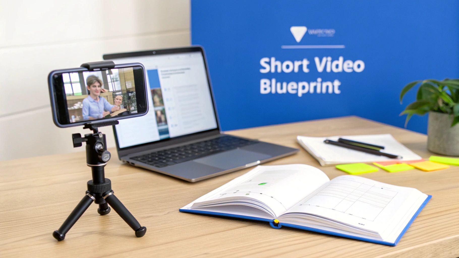 A smartphone on a tripod records two women, next to a laptop and 'Short Video Blueprint' banner.