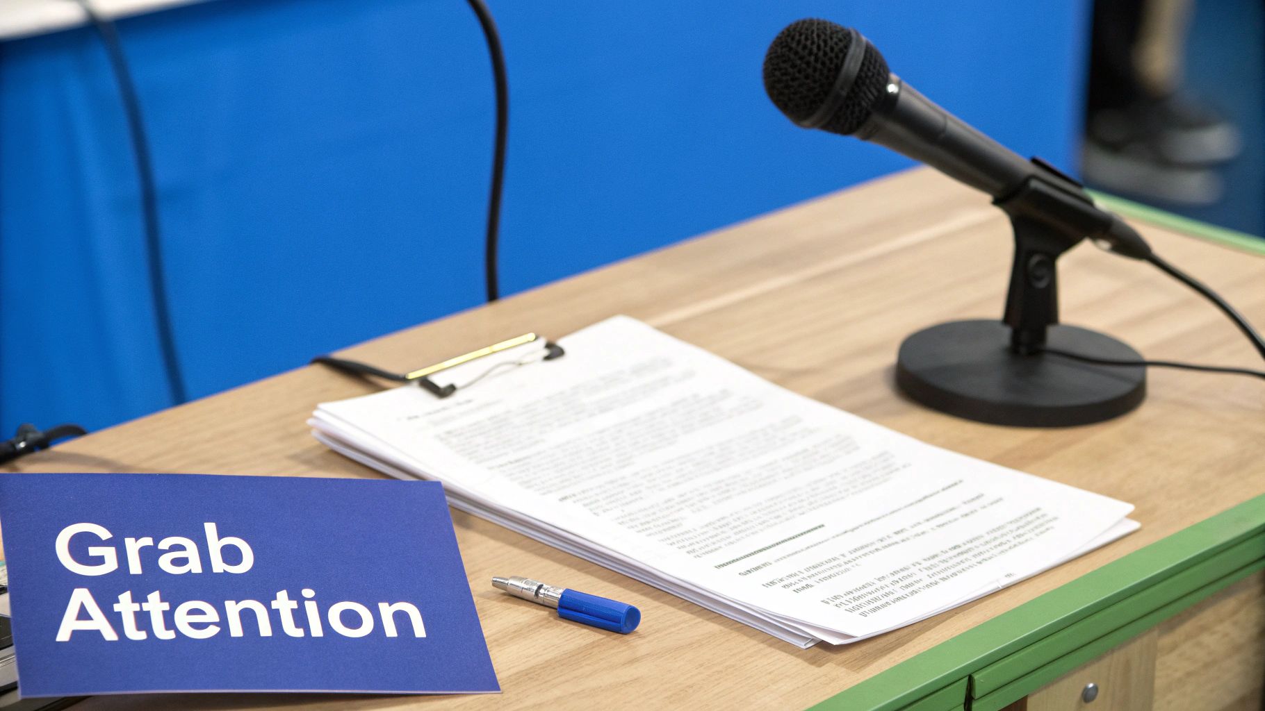 A blue sign reading 'Grab Attention' on a wooden desk with a microphone and documents.