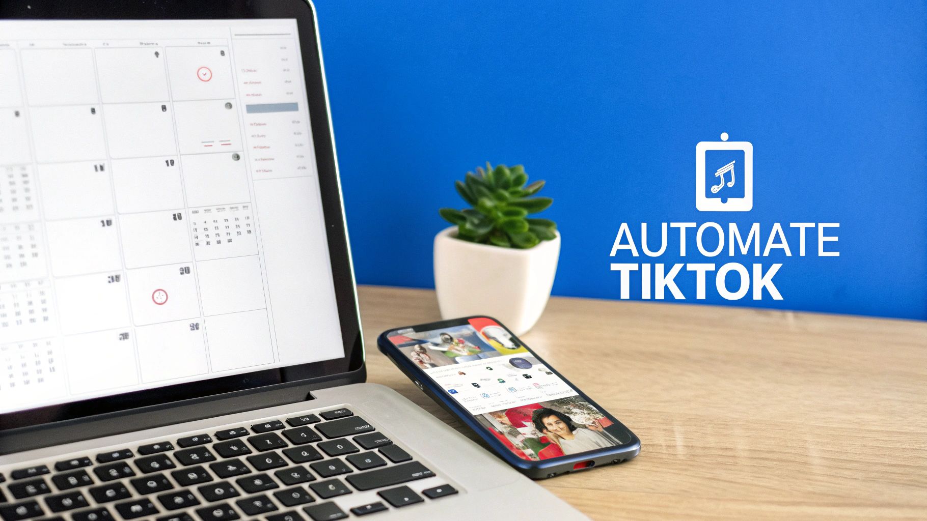 TikTok automation software displayed on smartphone and laptop with calendar scheduling interface and succulent plant
