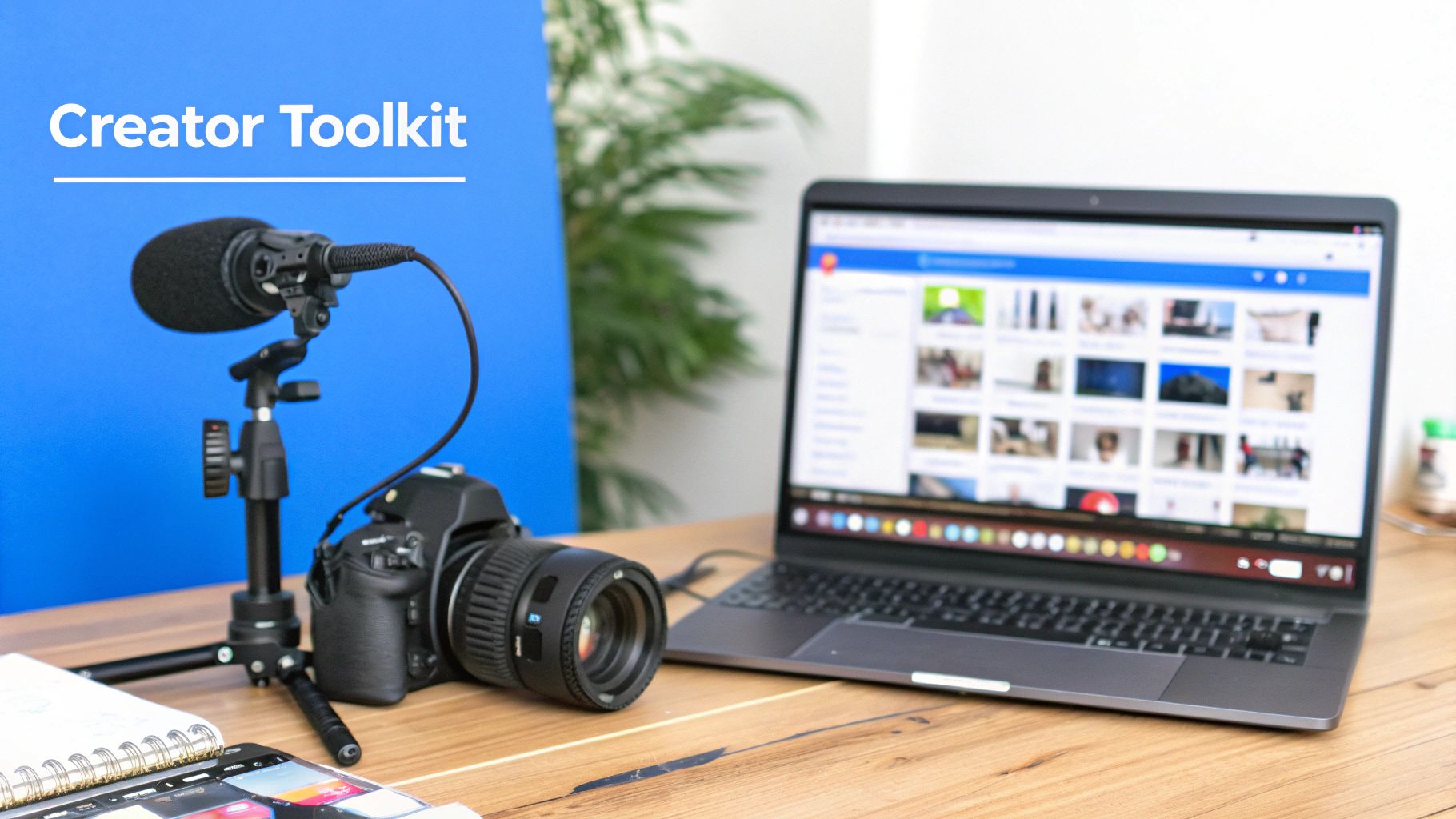 A creator's toolkit: camera, microphone, and laptop on a wooden desk, ready for content creation.