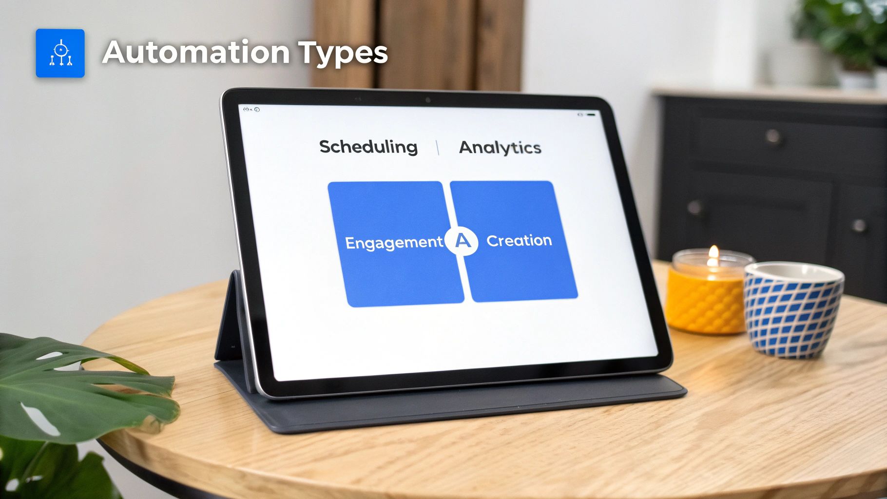 Tablet displaying automation types interface with scheduling and analytics sections showing engagement and creation options