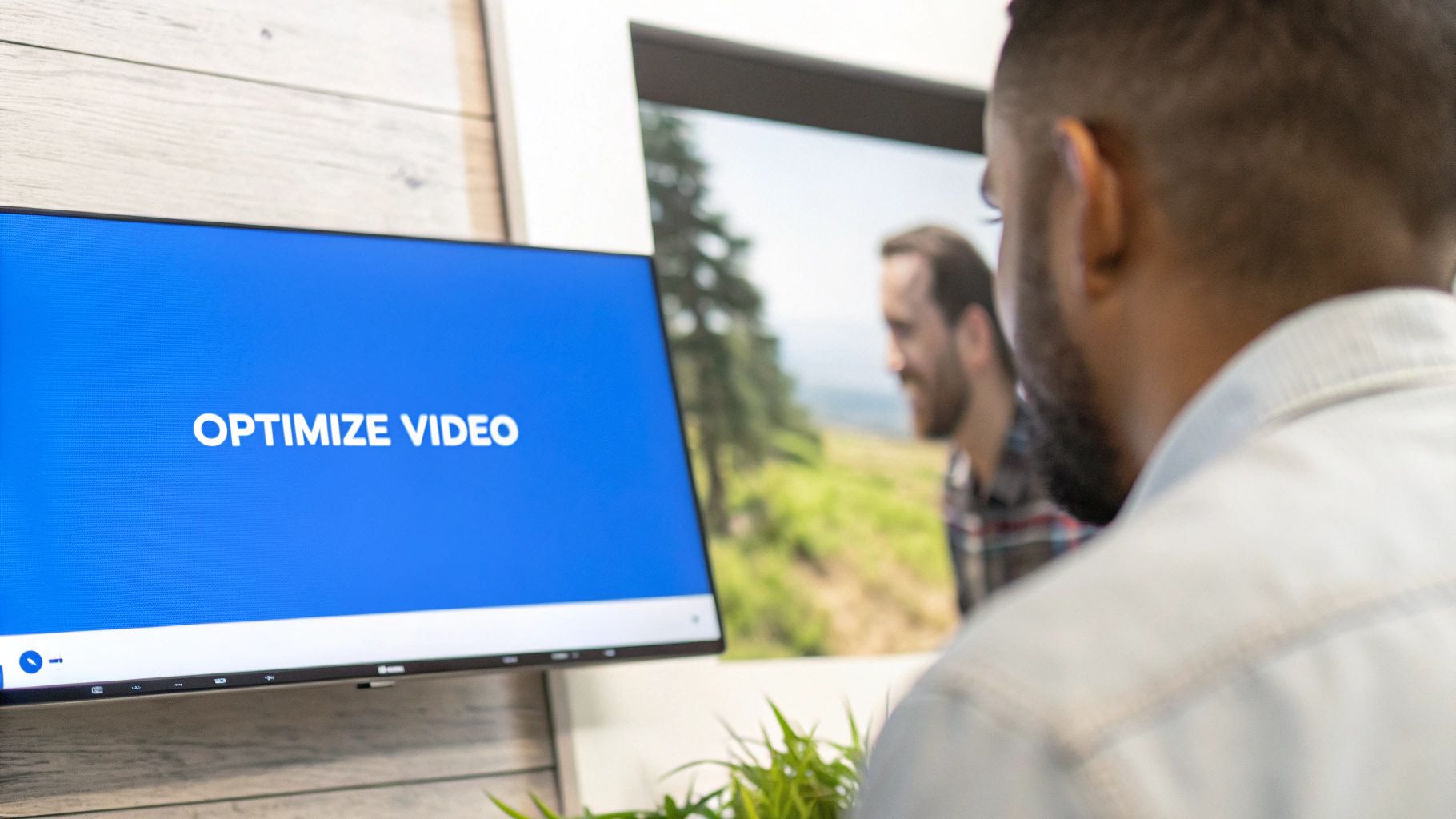 A person views a computer monitor displaying 'OPTIMIZE VIDEO' text on a blue screen.