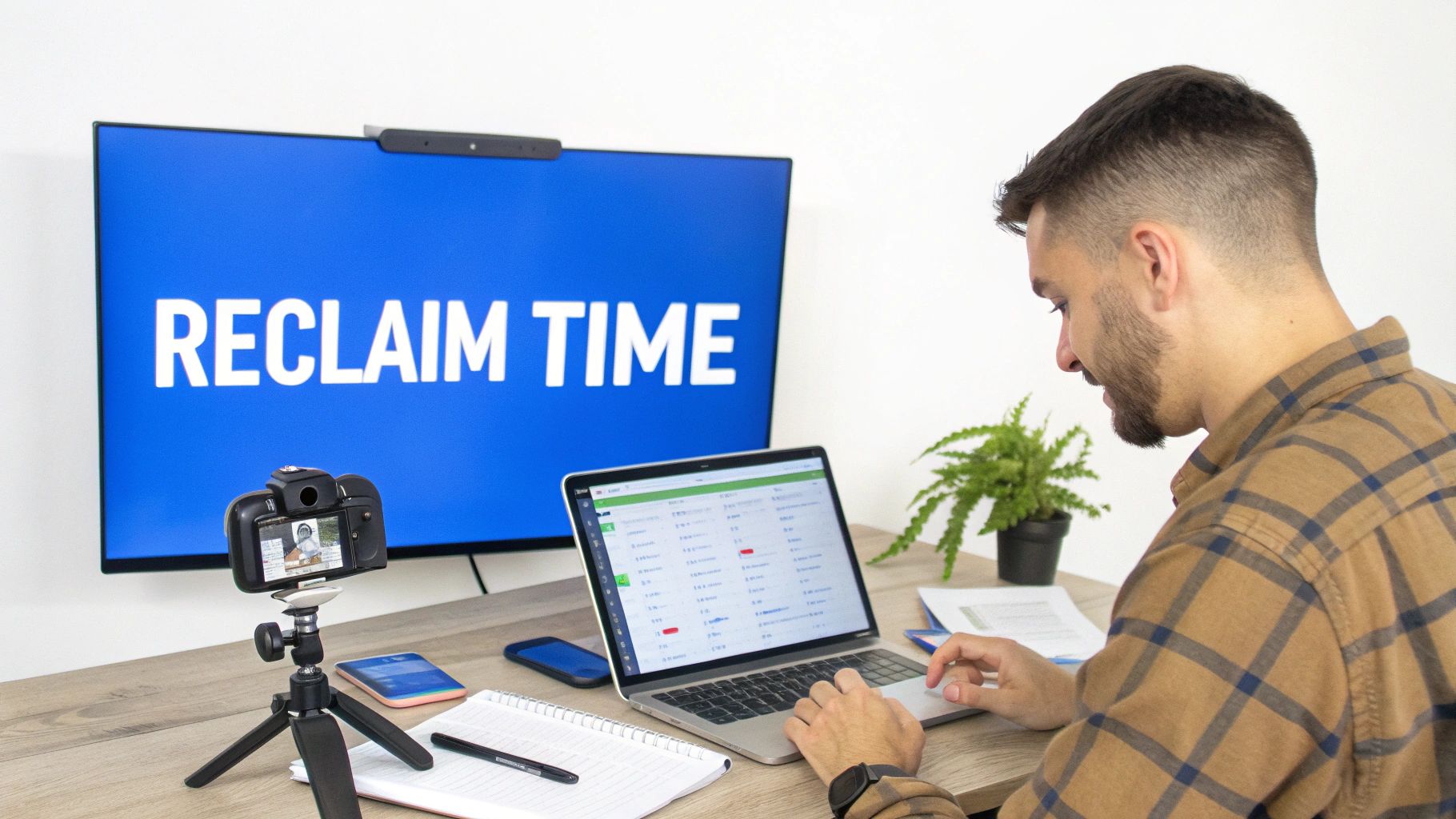 A man works on a laptop at a desk with a monitor displaying 'RECLAIM TIME' and a camera.