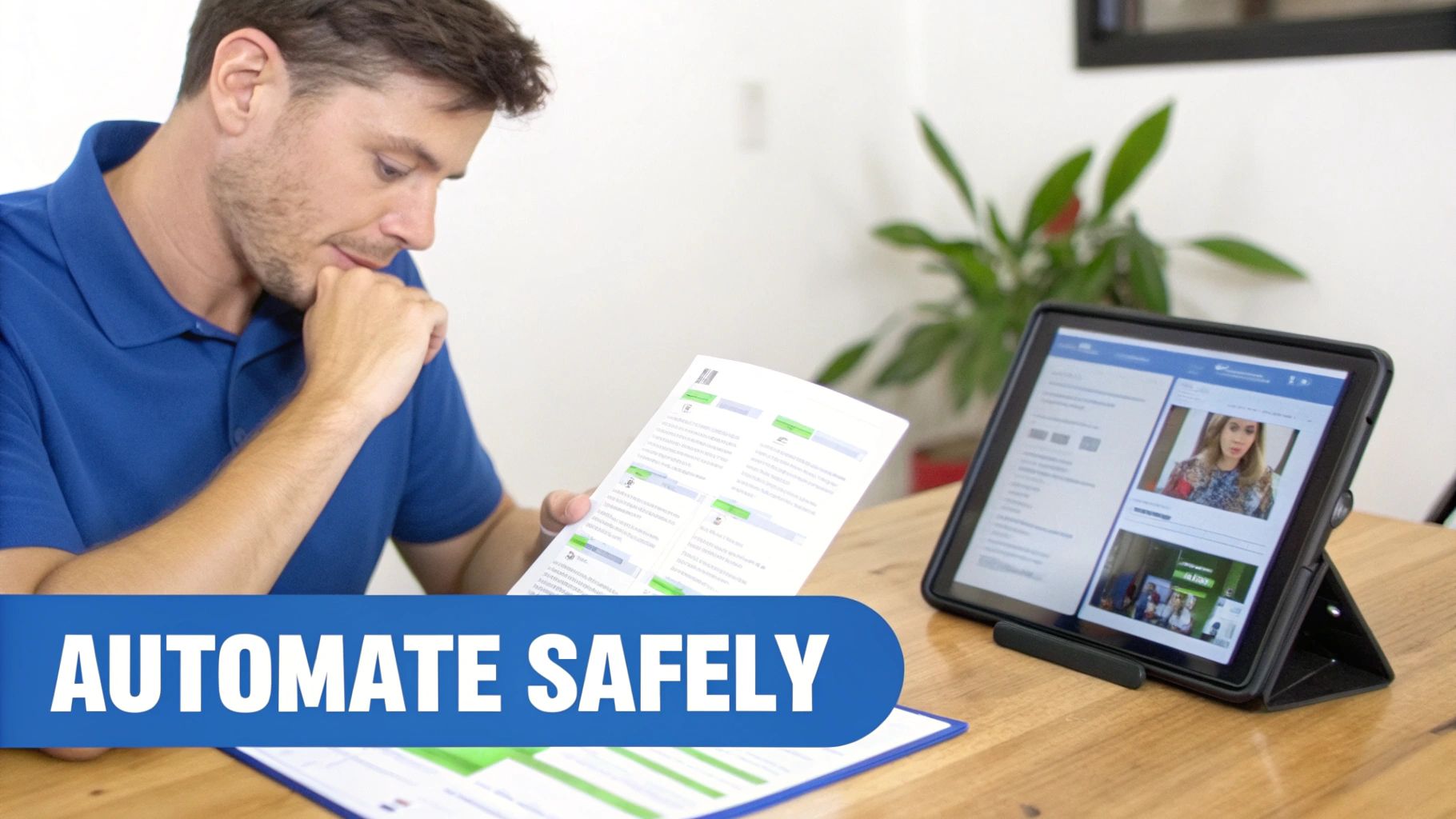 Man in blue shirt reviewing documents during video conference call on tablet device