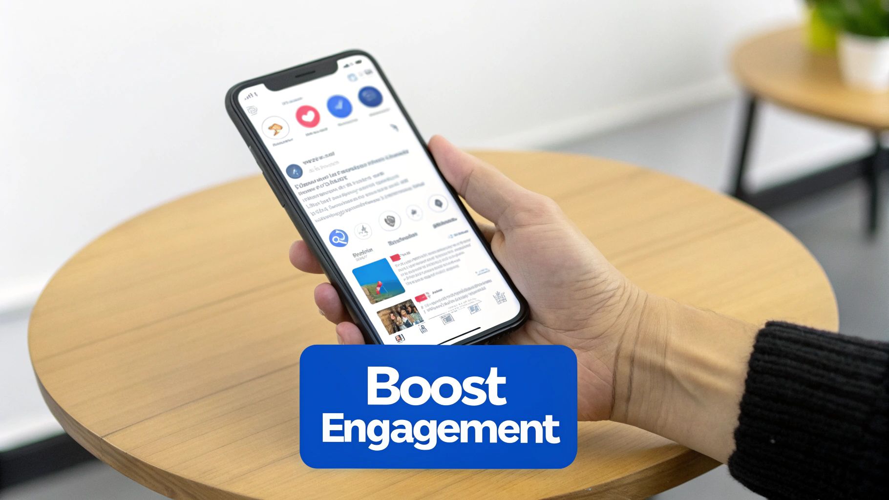 A person optimizing a social media post on a laptop, with engagement icons floating around