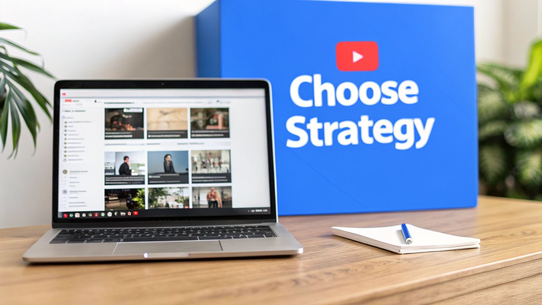 A laptop on a wooden desk displays YouTube videos next to a 'Choose Strategy' sign.
