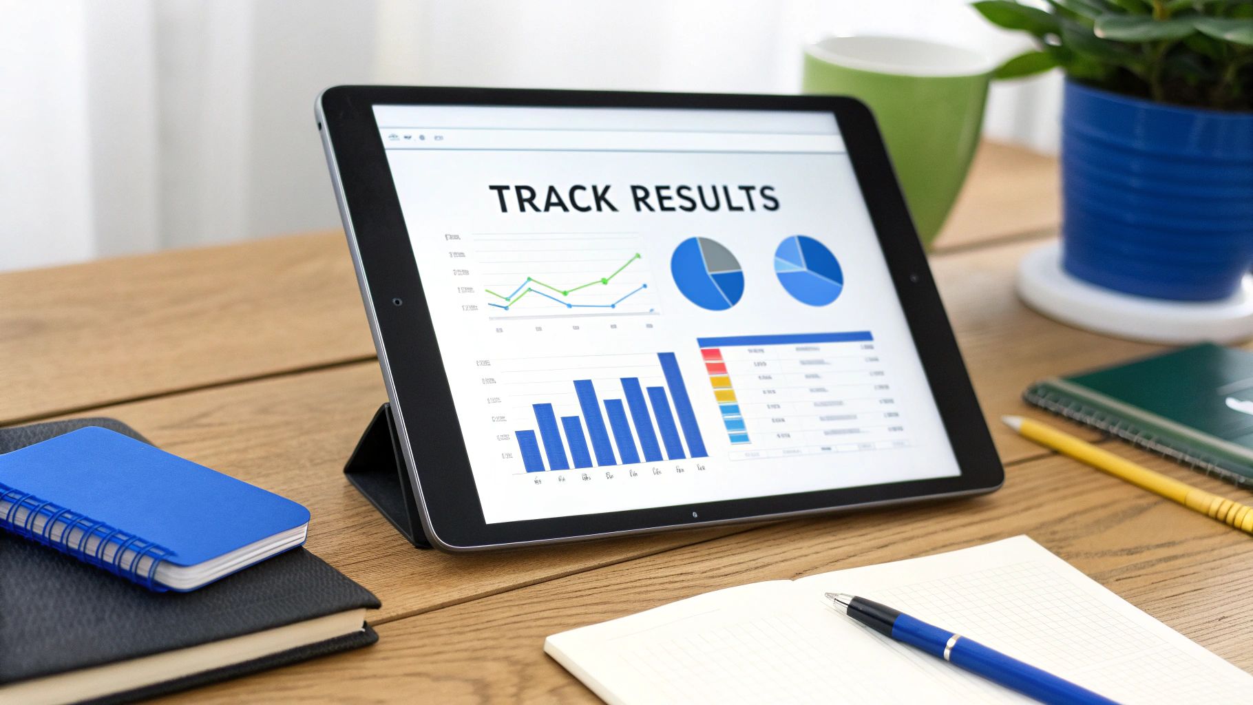 An analytics dashboard showing charts and graphs on a screen, representing performance tracking.