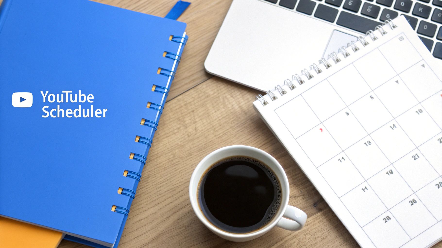 A desk setup with a YouTube Scheduler notebook, coffee, laptop, and calendar for content planning.