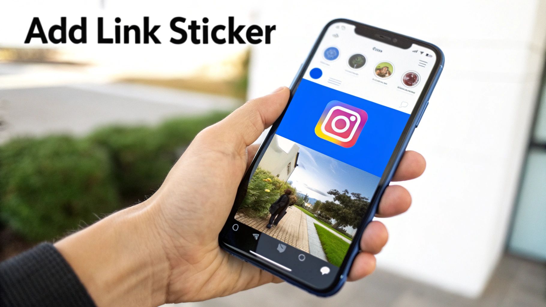 A hand holds a smartphone displaying the Instagram app interface with a photo and logo.