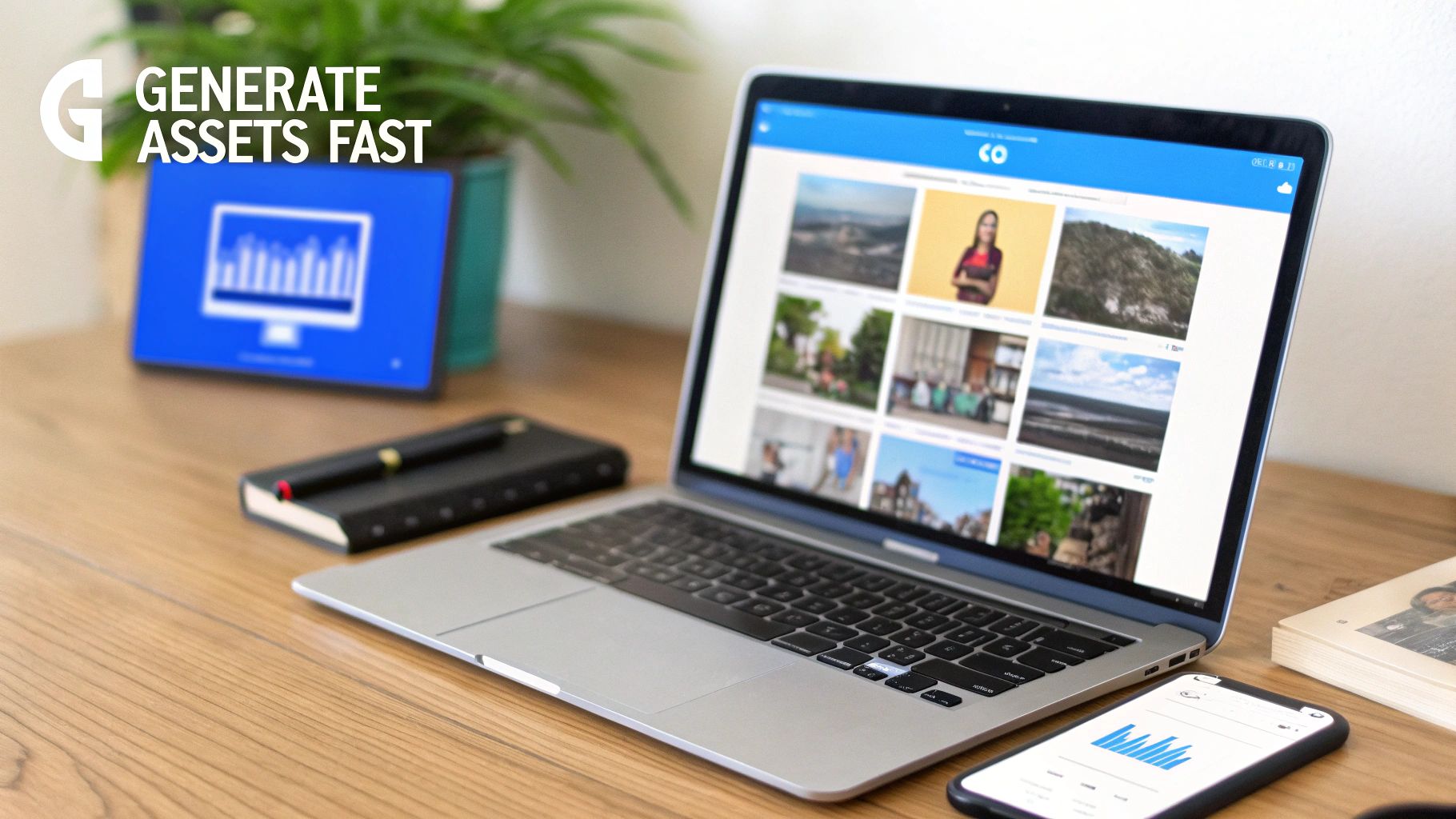 A modern desk setup with a laptop showing images, a smartphone displaying charts, and a notebook.
