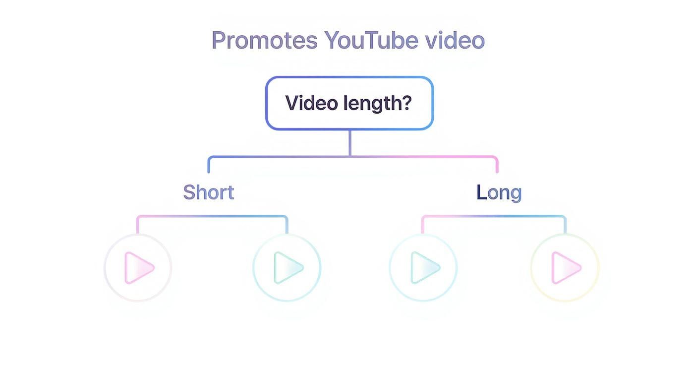A flowchart illustrates promoting YouTube videos, categorized by short and long video lengths, with play icons.