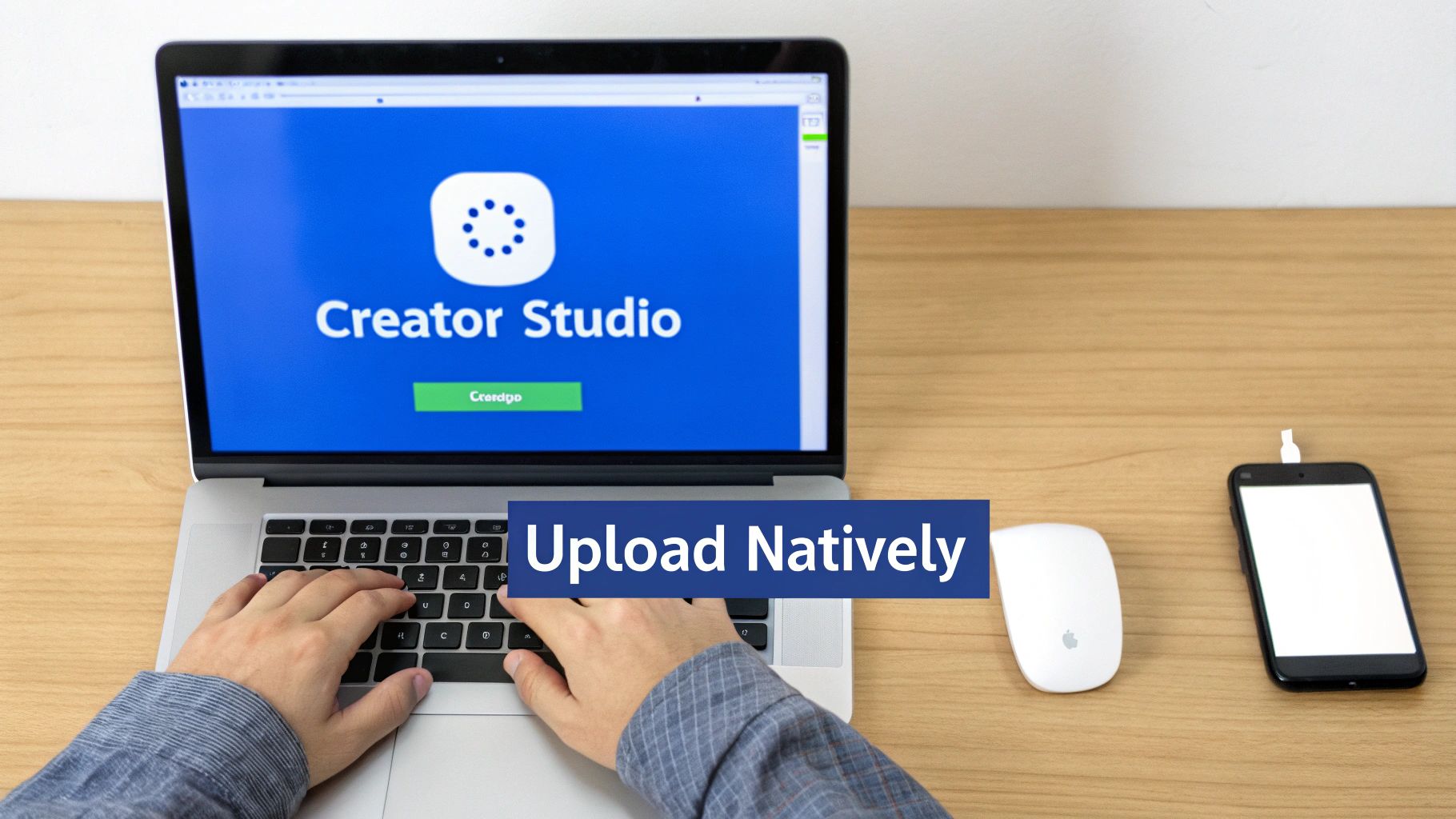 A person types on a laptop showing a Creator Studio screen with "Upload Natively" text.