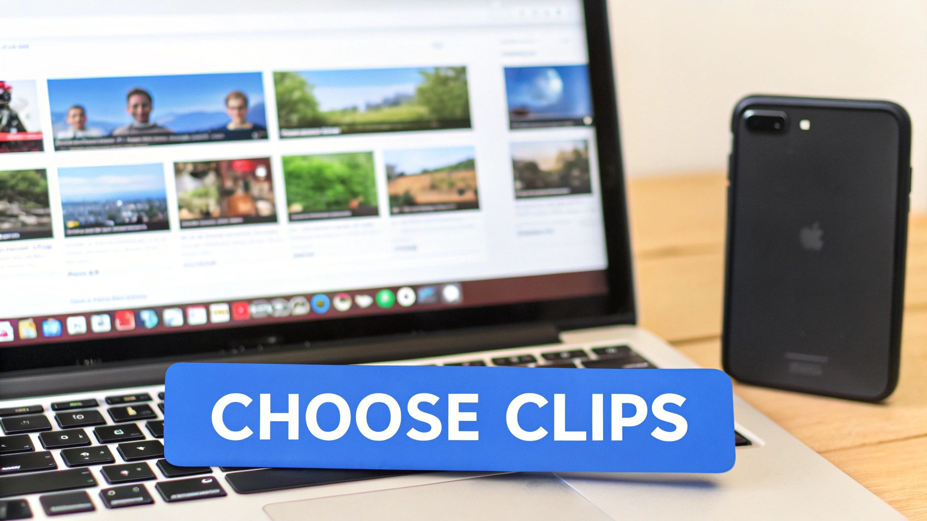 A laptop displaying video thumbnails and a smartphone on a wooden desk, with a 'CHOOSE CLIPS' sign.