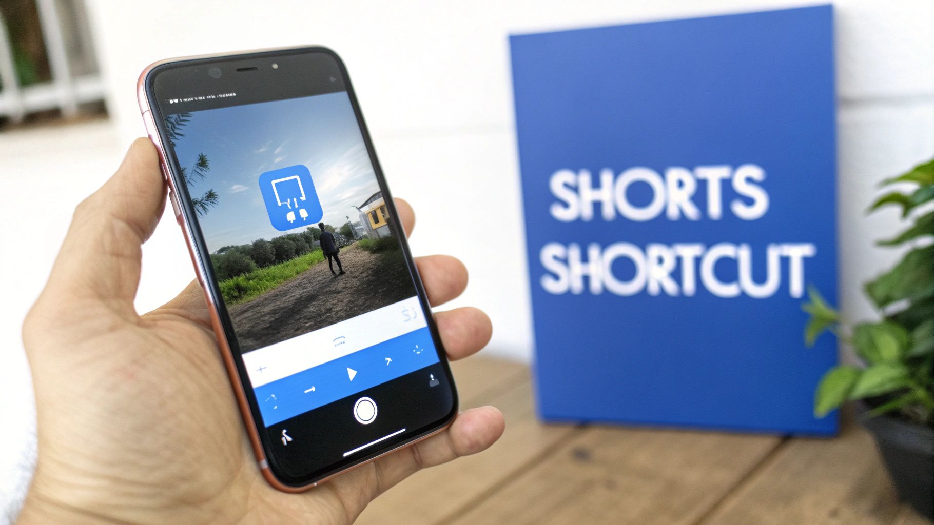 A hand holds a smartphone displaying a video recording interface, with a blue 'SHORTS SHORTCUT' sign.