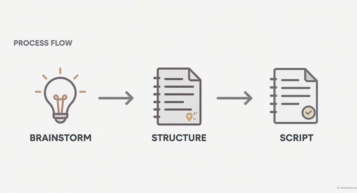 A process flow diagram illustrates the steps for video content creation: brainstorm, structure, script.