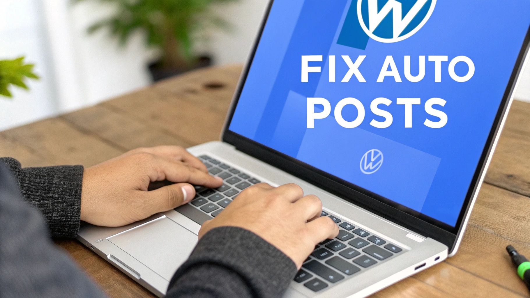 Hands typing on a laptop displaying 'FIX AUTO POSTS' with WordPress and Volkswagen logos on a blue screen.