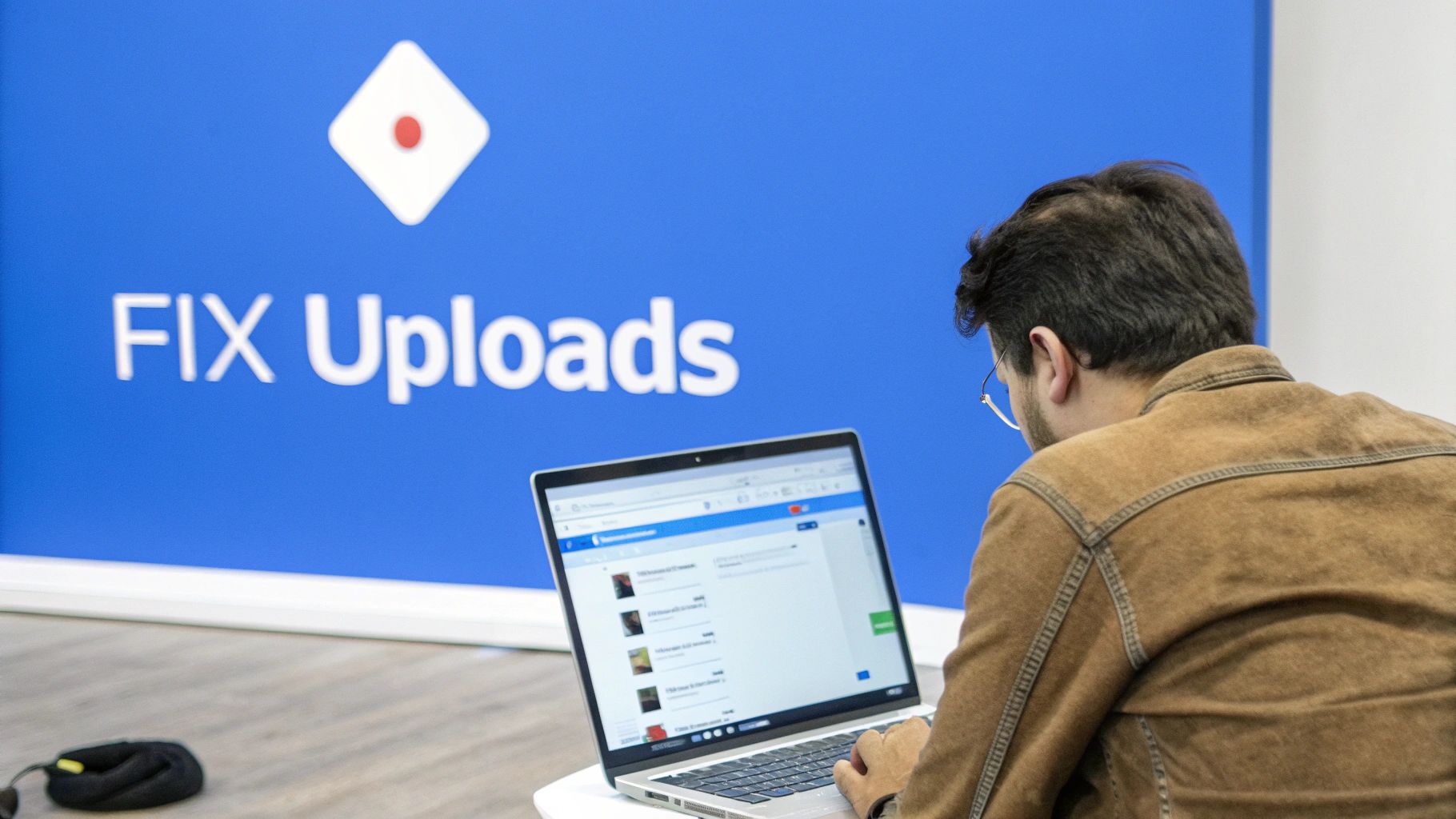 A person in a brown jacket sits using a laptop in front of a blue 'FIX Uploads' banner.