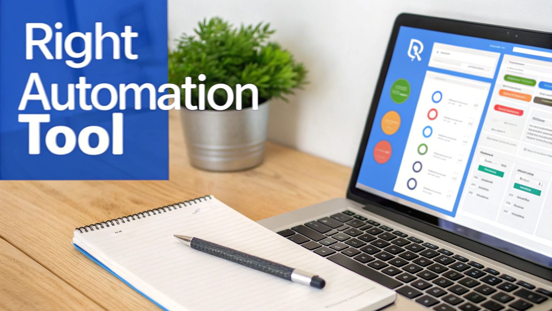 Laptop displaying automation software dashboard with colorful task management interface on wooden desk with notepad