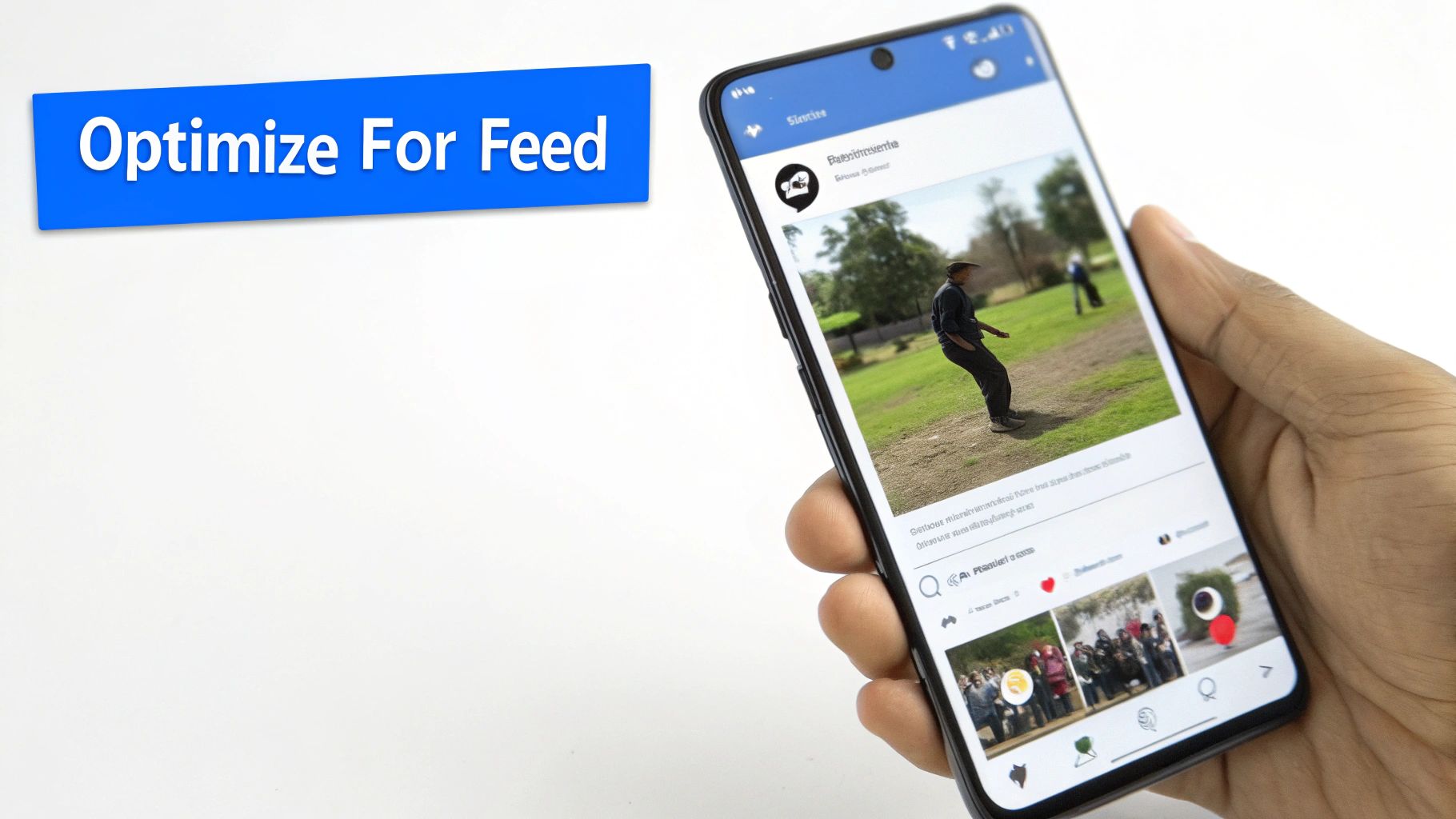 A hand holds a smartphone displaying a social media feed with an 'Optimize For Feed' banner.