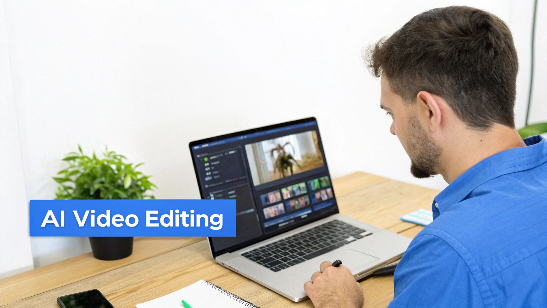 Man using AI video editing software on laptop at wooden desk workspace