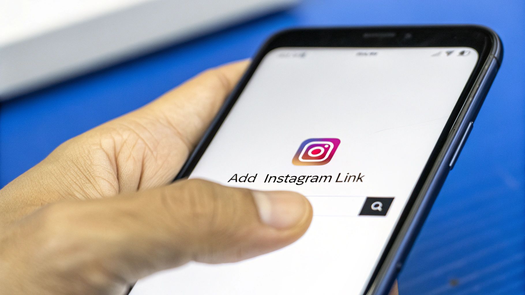 Close-up of a hand holding a smartphone displaying the Instagram logo and 'Add Instagram Link' text.