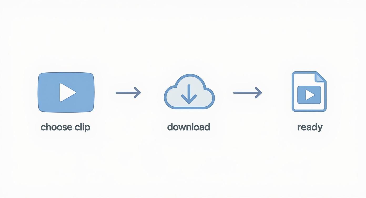 Infographic showing a three-step process: Choose Clip, Download, and Ready, representing how to prepare a YouTube video for Instagram.