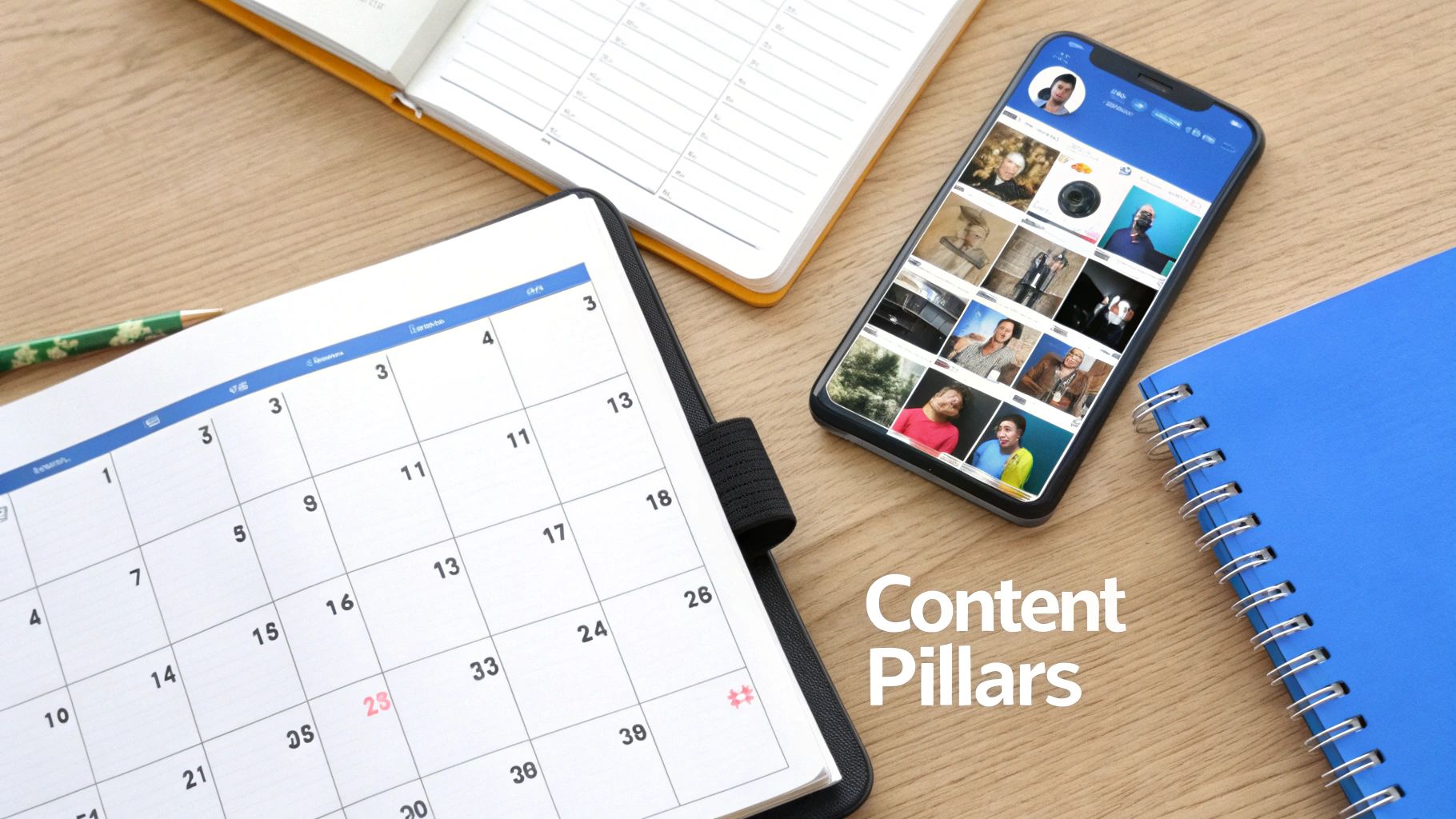 Content planning desk setup with calendar, smartphone showing social media, notebooks, and 'Content Pillars' text.