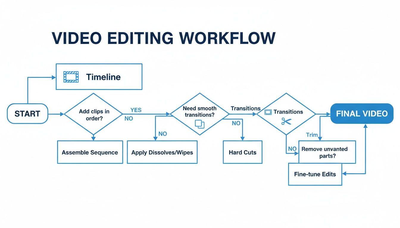 A flowchart visually outlining the complete video editing workflow, from initial setup to final video production.